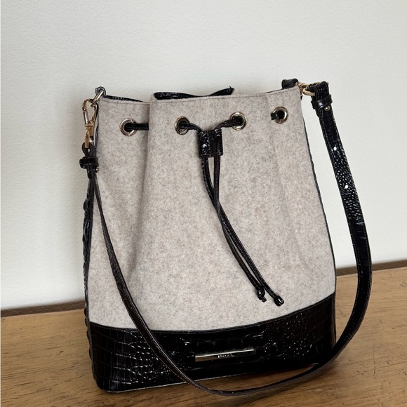 Brahmin Handbags - Brahmin Marlowe Bucket Bag. Unique Off White Wool and Dark Brown Crock.